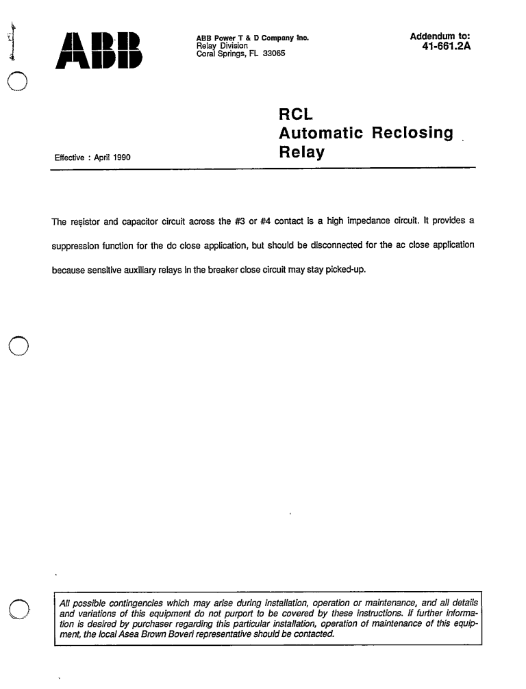 41661.2A RCL AUTOMATIC RECLOSING RELAY MANUAL Westinghouse ECP