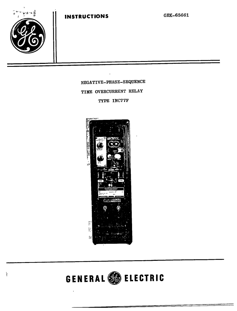GEK65661 NEGATIVEPHASESEQUENCE TIME OVERCURRENT RELAY TYPE INC77F