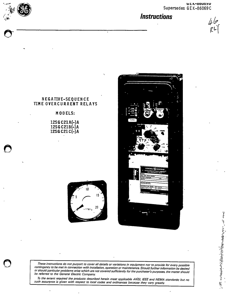 GEK86069D NEGATIVESEQUENCE TIME OVERCURRENT RELAYS MODELS 12SGC21A