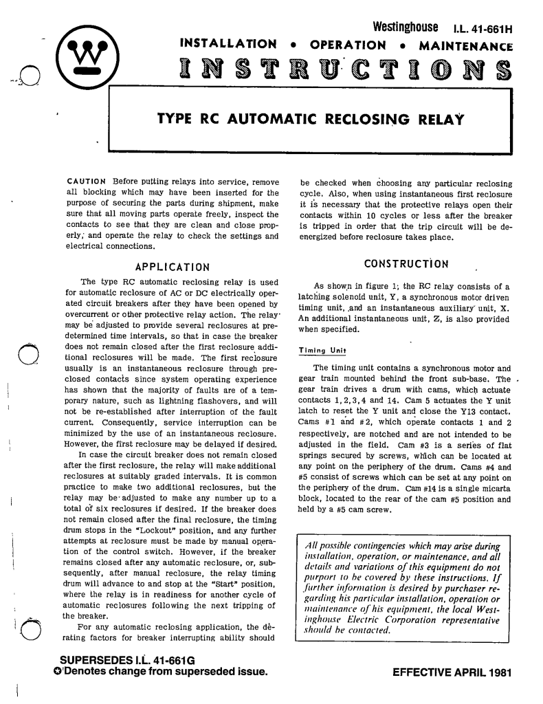 I.L 41661H TYPE RC AUTOMATIC RECLOSING RELAY MANUAL Westinghouse