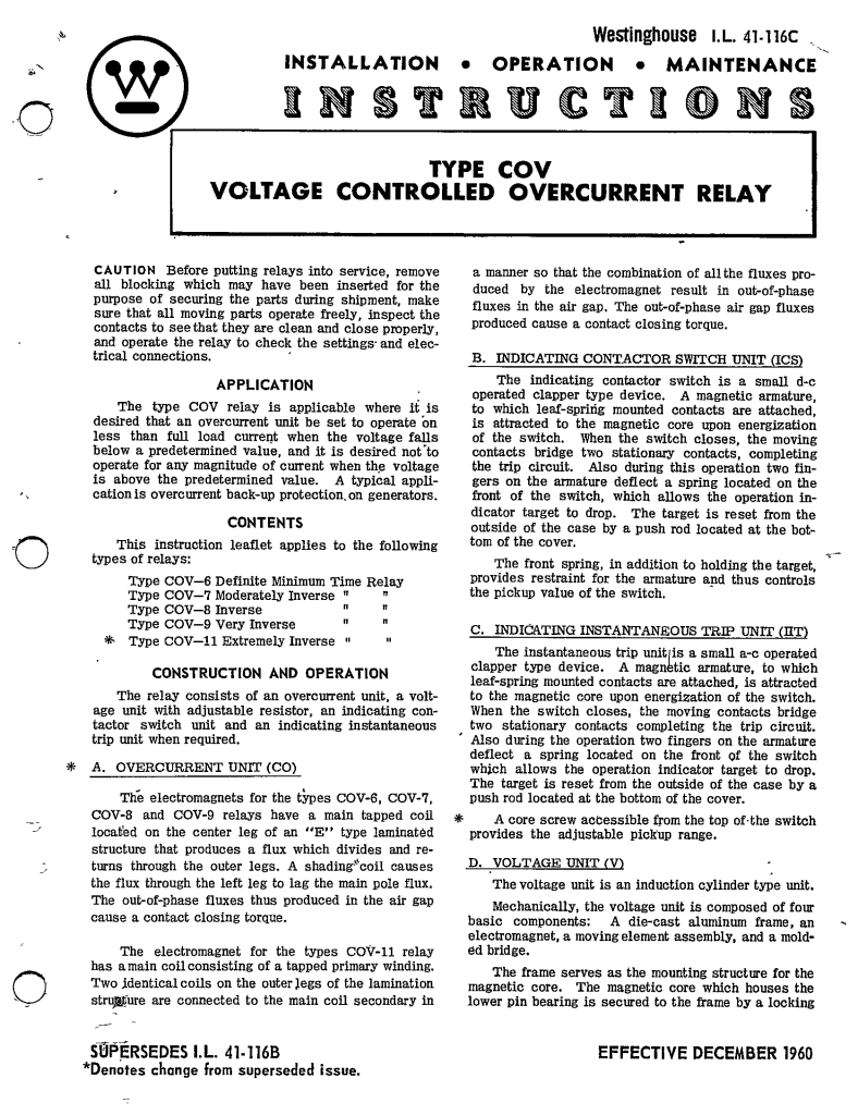 I.L. 41116C TYPE COV VOLTAGE CONTROLLED OVERCURRENT RELAY MANUAL