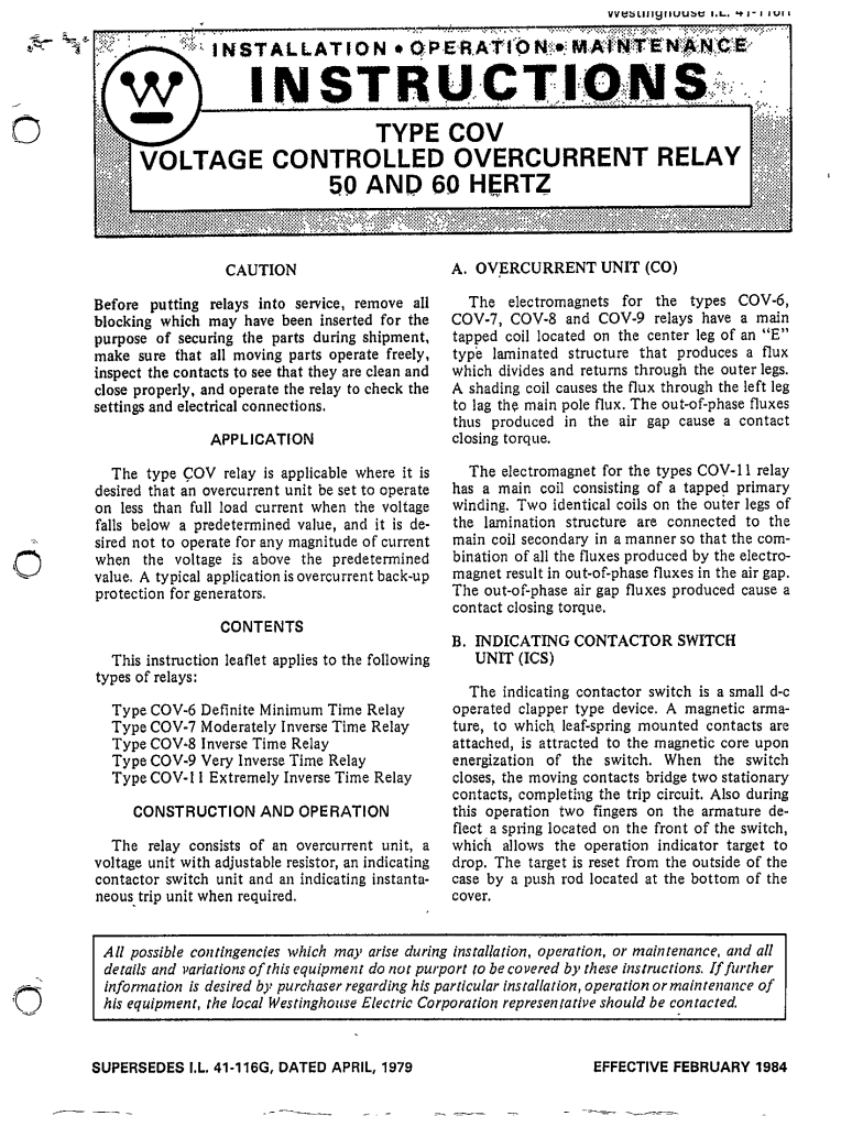 I.L. 41116H TYPE COV VOLTAGE CONTROLLED OVERCURRENT RELAY 50 AND 60