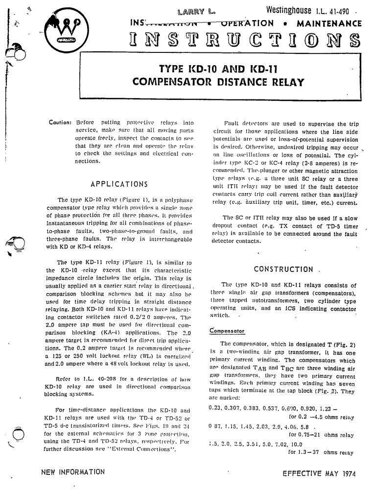 I.L. 41-490 TYPE KD-10 AND KD-11 COMPENSATOR DISTANCE RELAY MANUAL ...