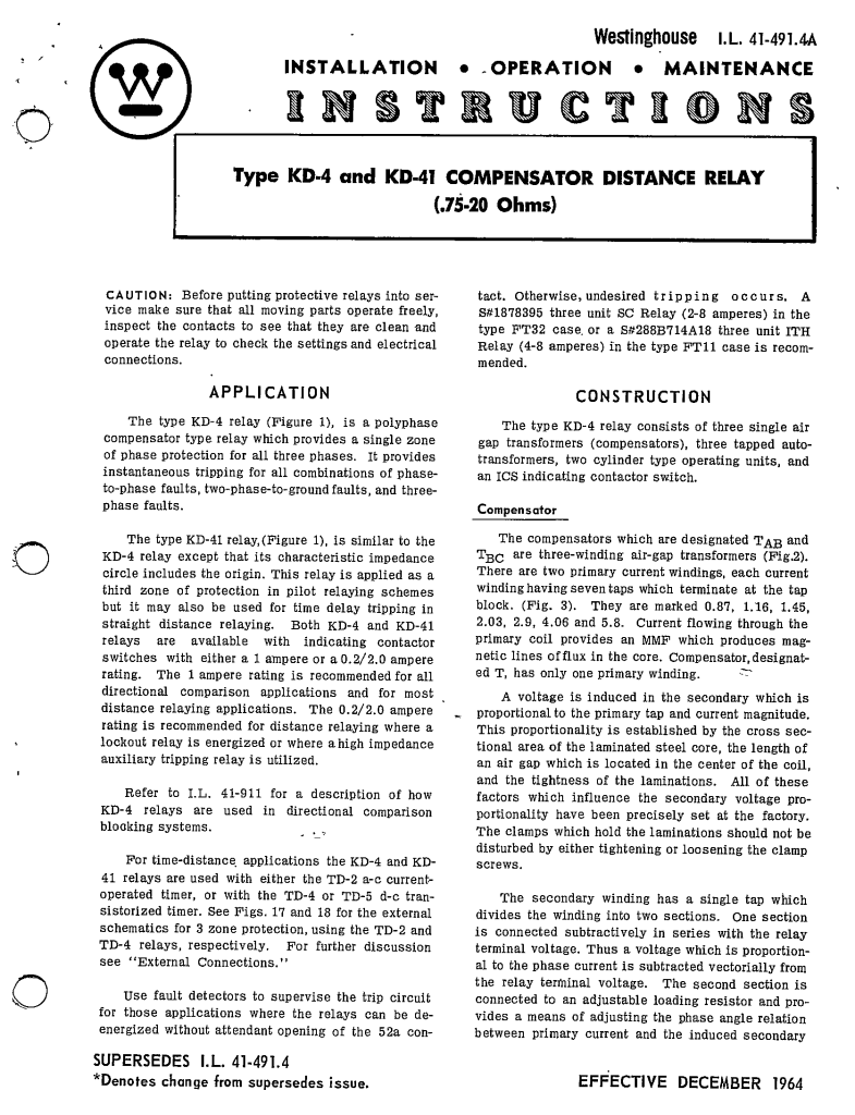 I.L. 41491.4A TYPE KD4 AND KD41 COMPENSATOR DISTANCE RELAY (.7520