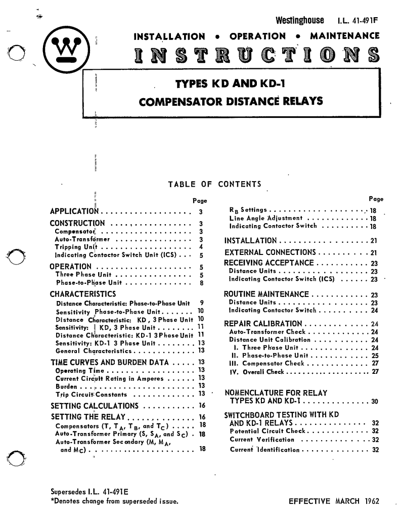 I.L. 41491F TYPES KD AND KD1 COMPENSATOR DISTANCE RELAYS MANUAL