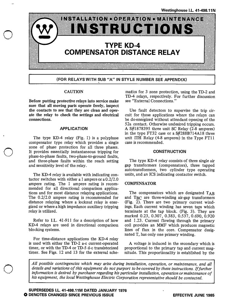 I.L. 41-498.11N TYPE KD-4 COMPENSATOR DISTANCE RELAY MANUAL ...