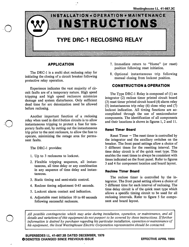 I.L. 41667.3C TYPE DRC1 RECLOSING RELAY MANUAL Westinghouse ECP
