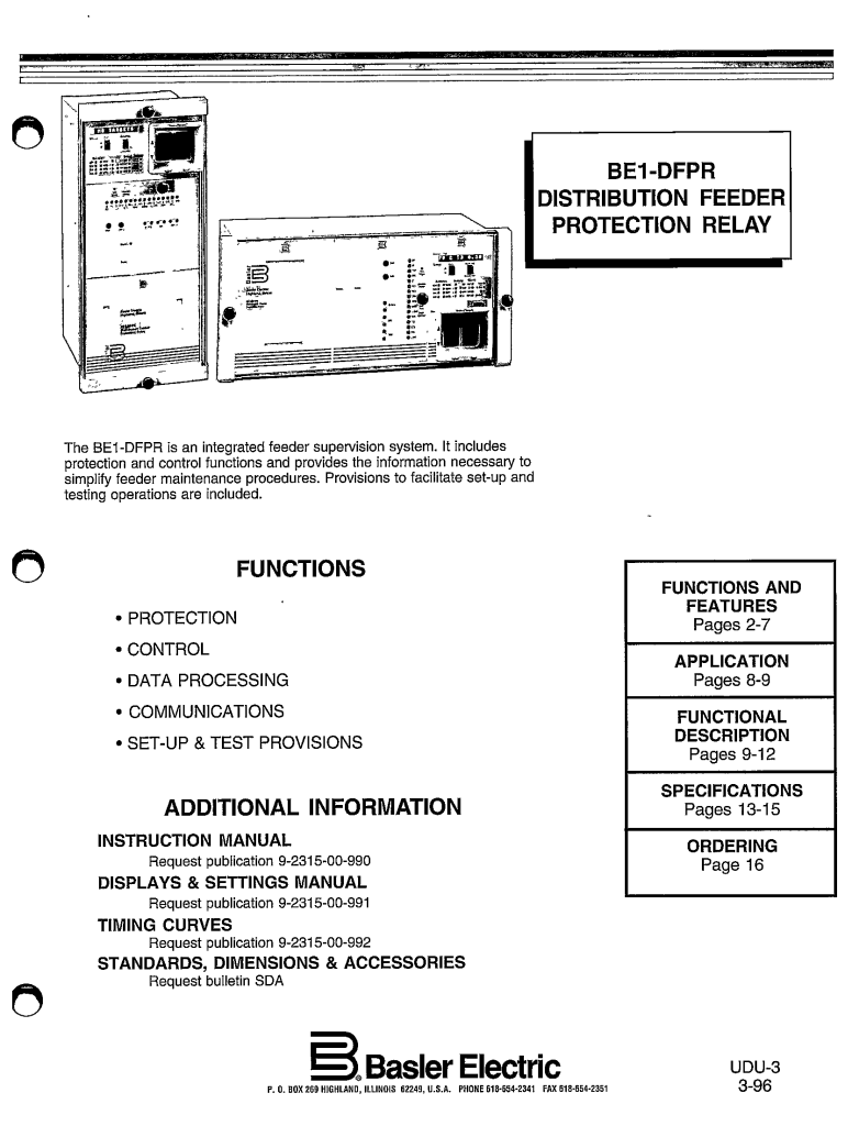 BE1DFPR DISTRIBUTION FEEDER PROTECTION RELAY MANUAL BASLER ELECTRIC