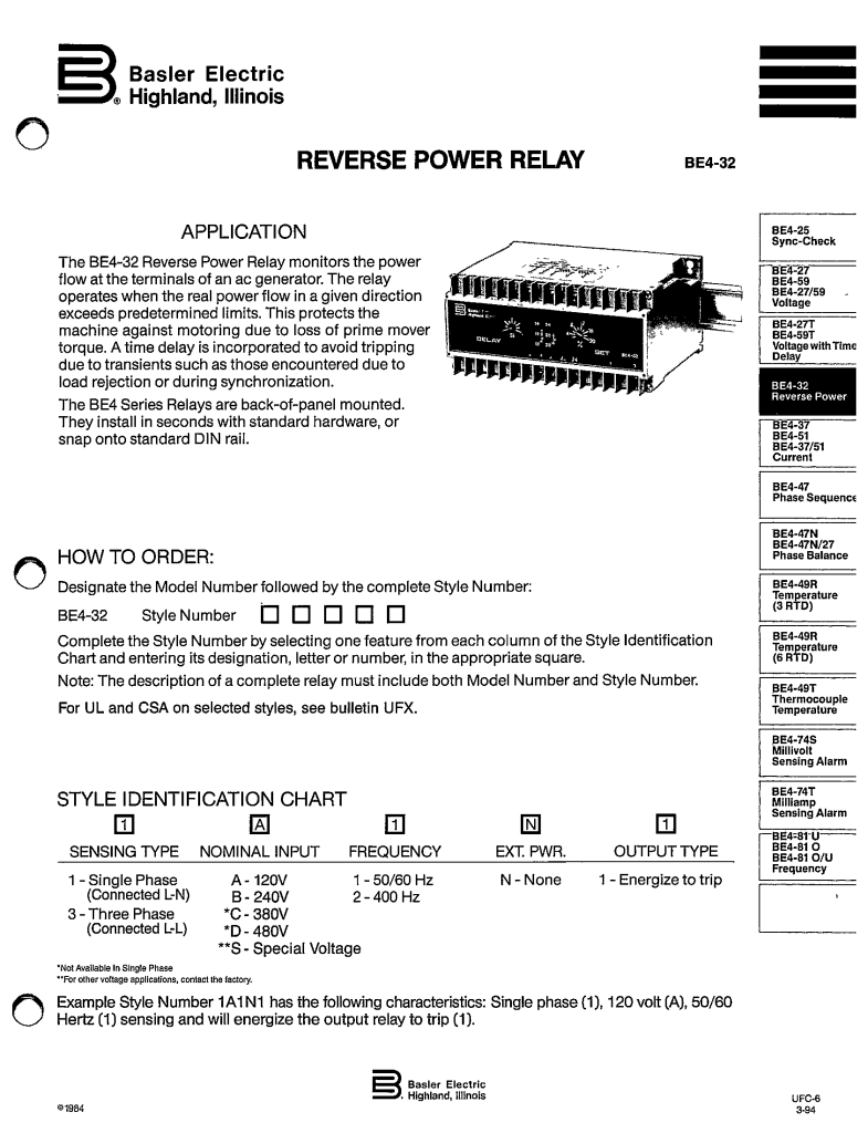 BE432 REVERSE POWER RELAY MANUAL BASLER ELECTRIC ECP Solutions Our Innovation, Your Solution