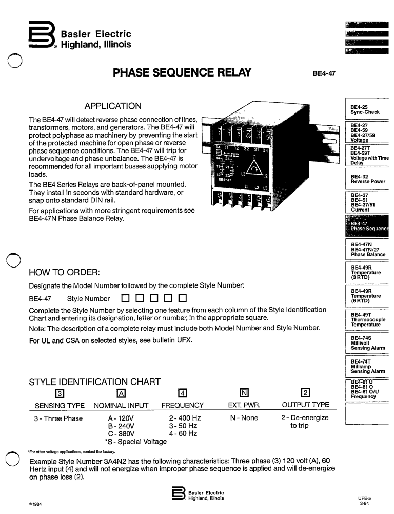 BE447 PHASE SEQUENCE RELAY MANUAL BASLER ELECTRIC ECP Solutions