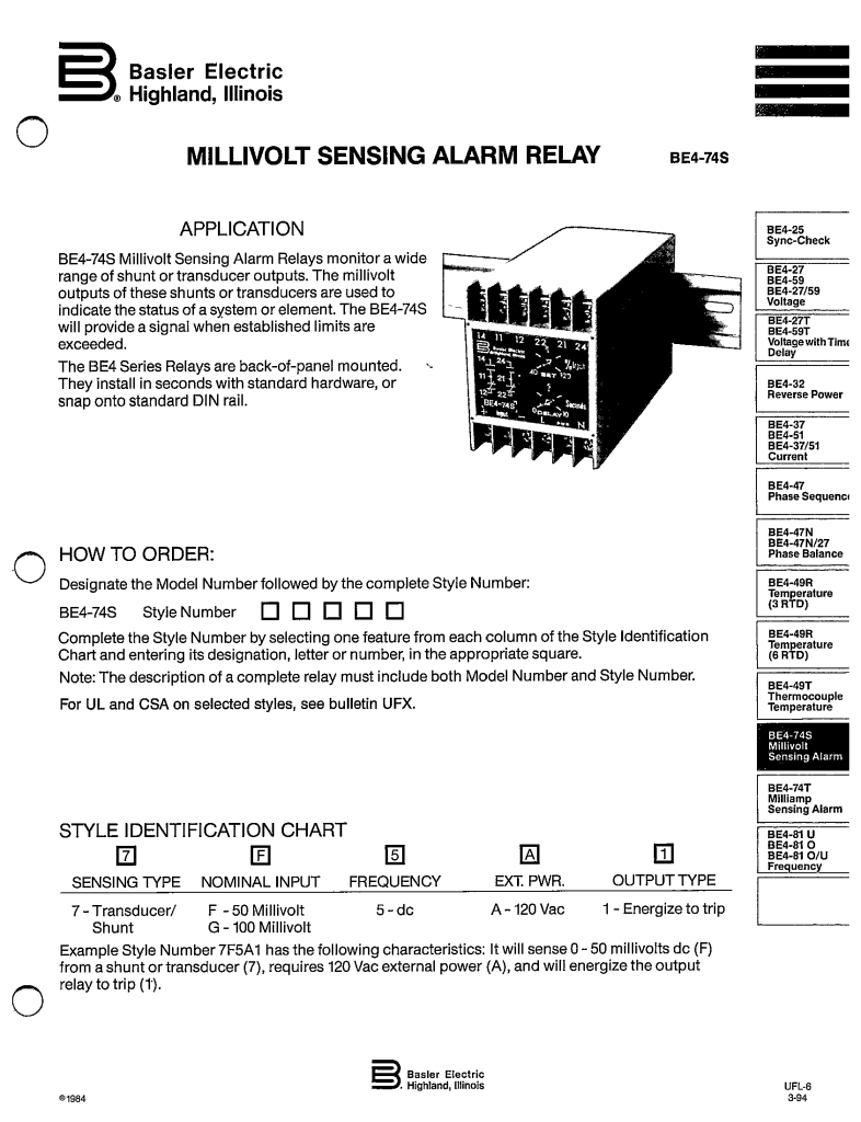 BE474S MILLIVOLT SENSING ALARM RELAY MANUAL BASLER ELECTRIC ECP