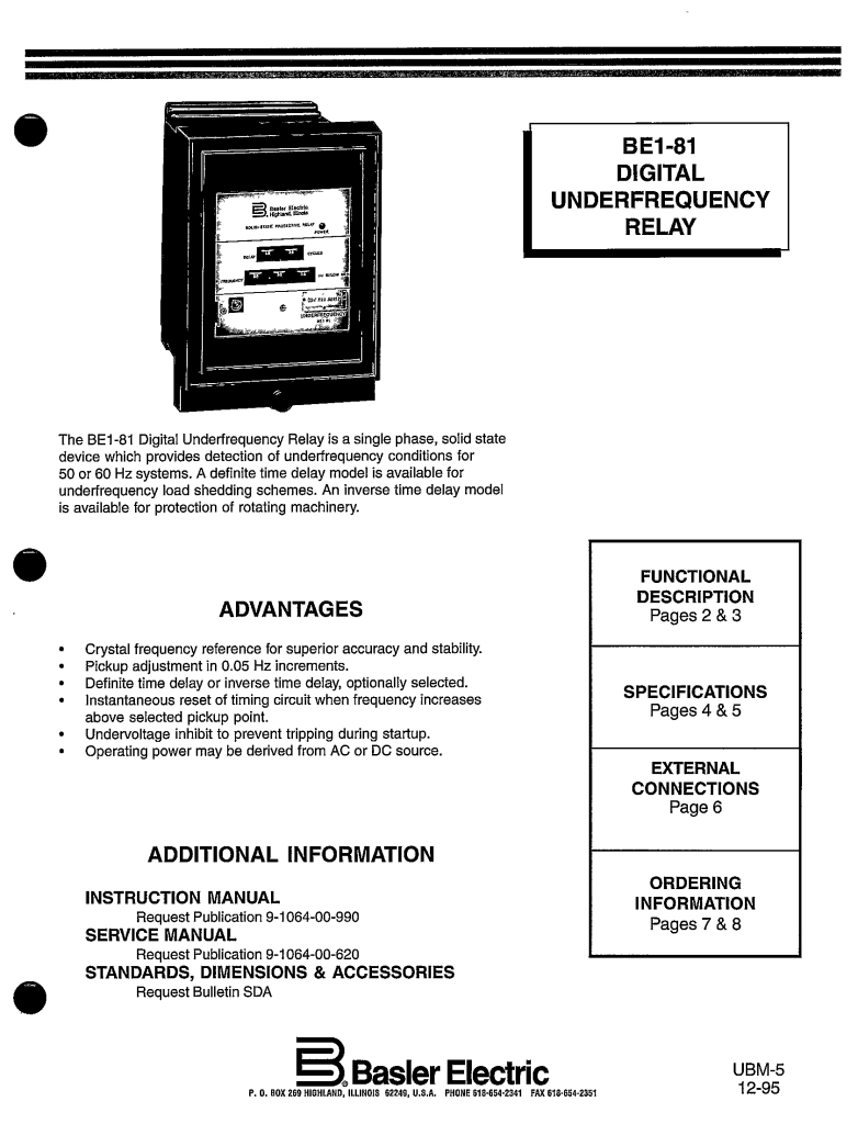 BEI81 DIGITAL UNDERFREQUENCY RELAY MANUAL BASLER ELECTRIC ECP