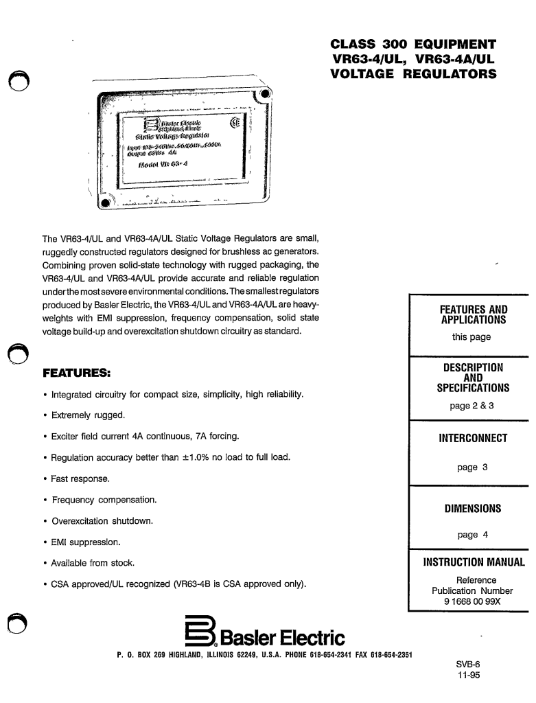 CLASS 300 EQUIPMENT VR634UL, VR634AUL VOLTAGE REGULATORS MANUAL