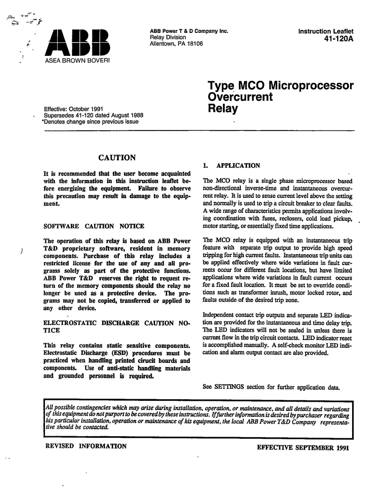 I.L. 41120A TYPE MCO MICROPROCESSOR OVERCURRENT RELAY MANUAL ABB