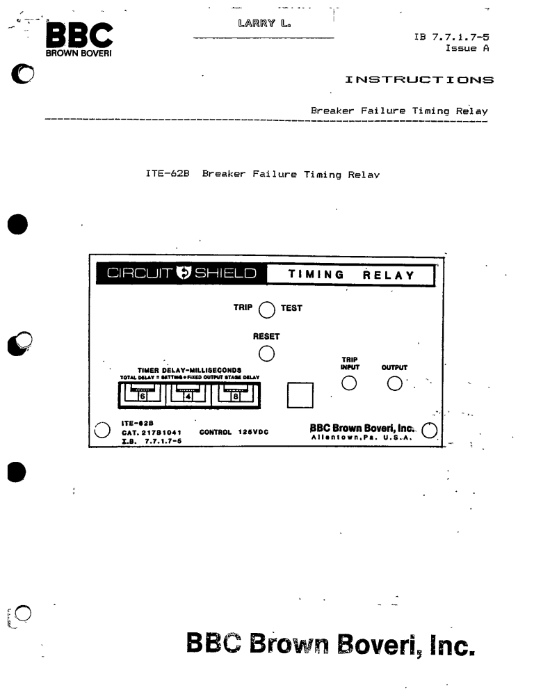 ITE62B BREAKER FAILURE TIMING RELAY MANUAL BBC ECP Solutions Our