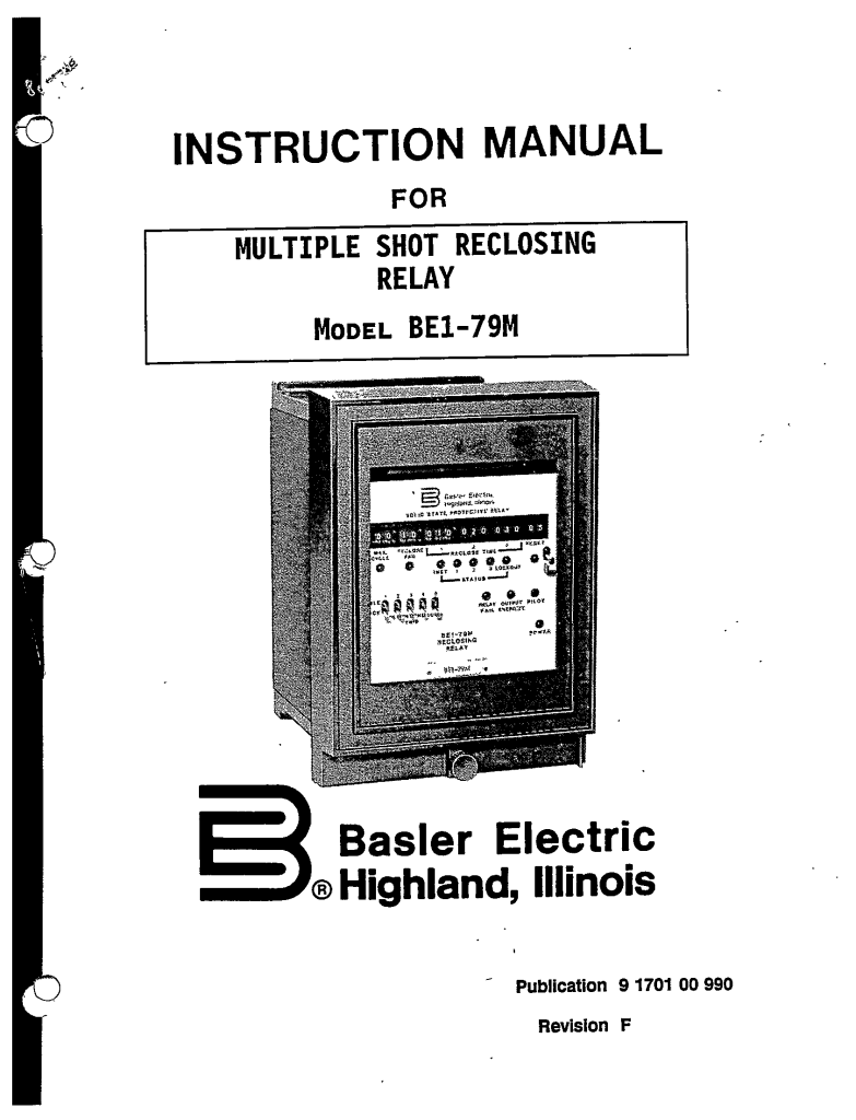 MUTIPLE SHOT RECLOSING RELAY MODEL BE179M MANUAL BASLER ELECTRIC