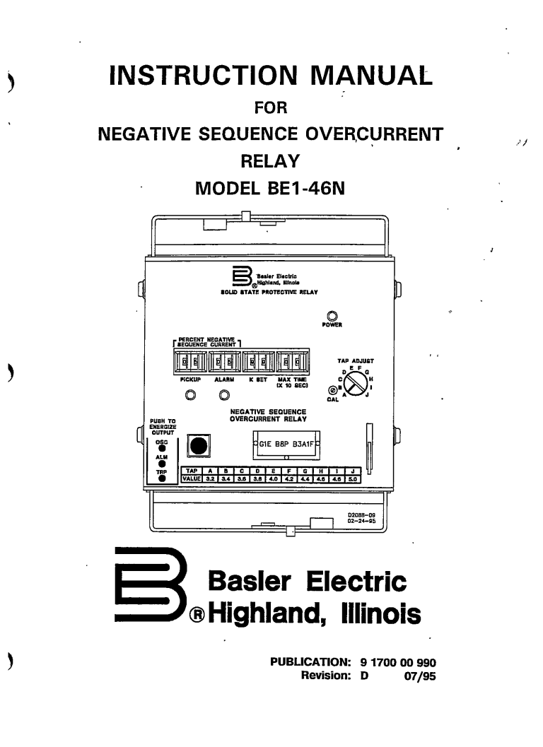 NEGATIVE SEQUENCE OVERCURRENT RELAY MODEL BE1-46N REVISION D MANUAL