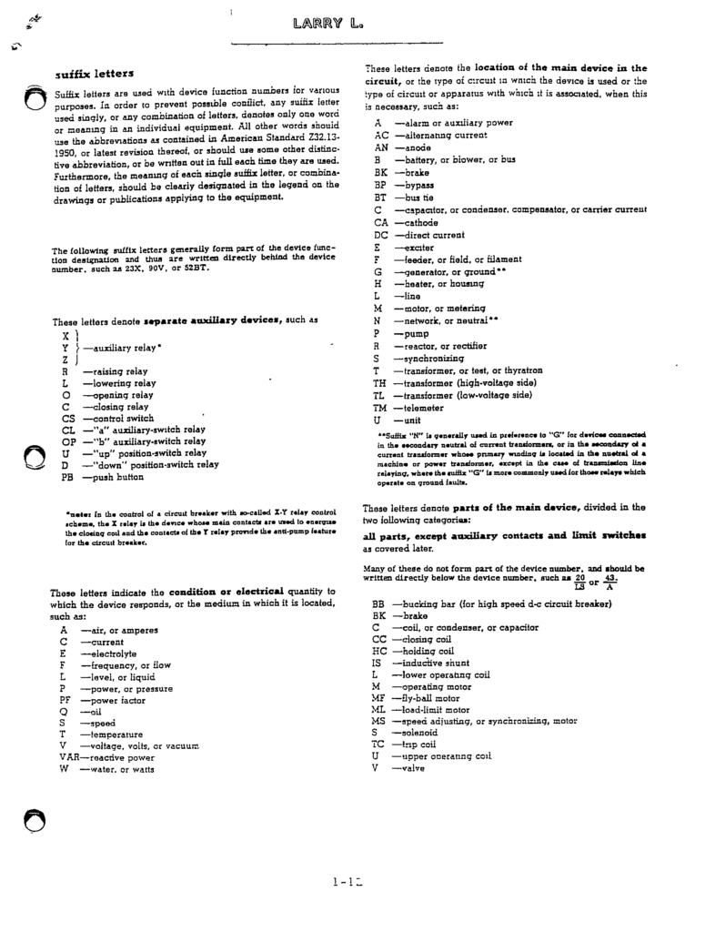 NEMA DEVICE NUMBERS APPLIED TO WESTINGHOUSE RELAY TYPES MANUAL