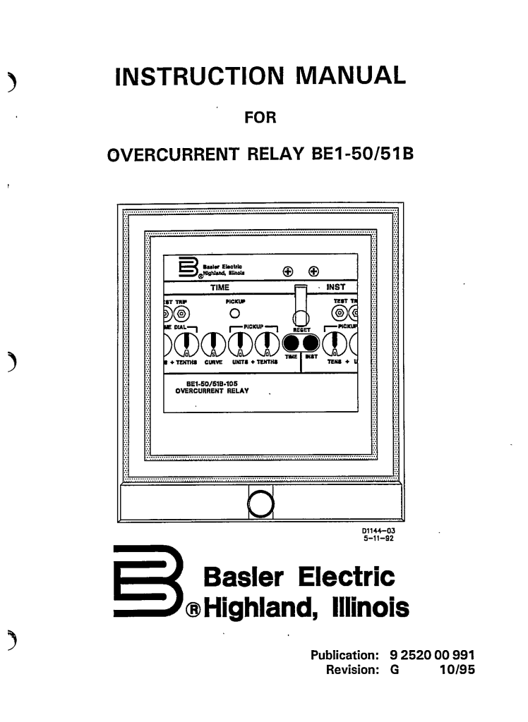 OVERCURRENT RELAY BE15051B MANUAL BASLER ELECTRIC ECP Solutions