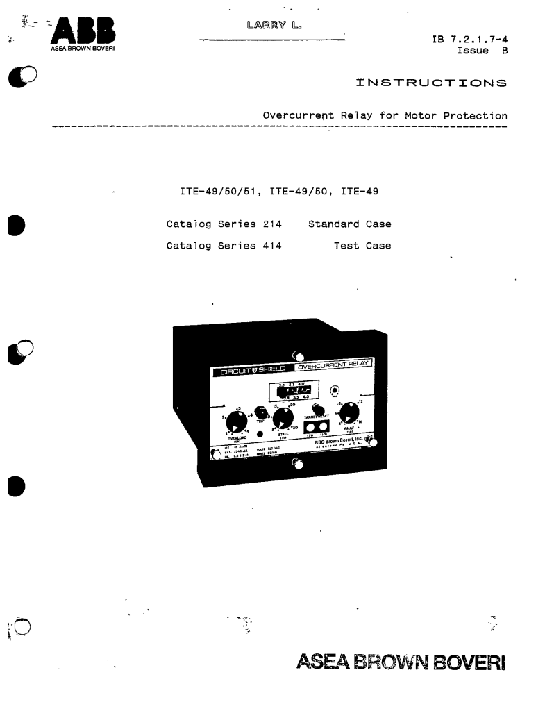 OVERCURRENT RELAY FOR MOTOR PROTECTION ITE49 50 51 MANUAL ABB ECP