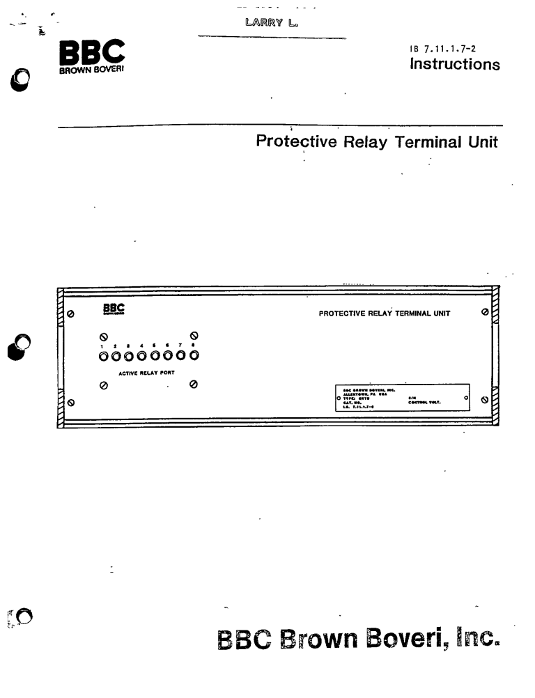 PROTECTIVE RELAY TERMINAL UNIT MANUAL BBC ECP Solutions Our