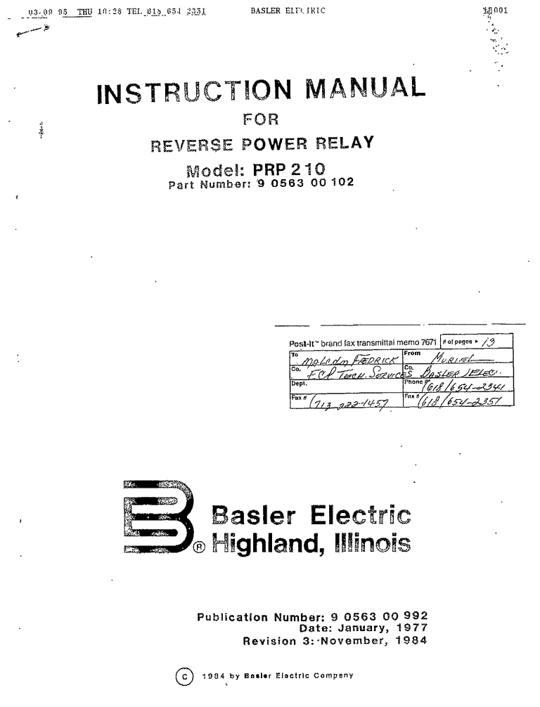 REVERSE POWER RELAY MODEL PRP 210 MANUAL - BASLER ELECTRIC - ECP ...