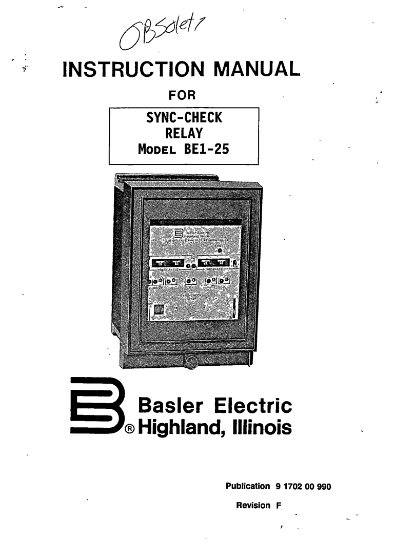 SYNCCHECK RELAY MODEL BE125 MANUAL BASLER ELECTRIC ECP Solutions