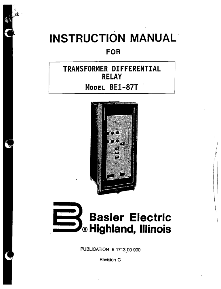 TRANSFORMER DIFFERENTIAL RELAY MODEL BE187T MANUAL BASLER ELECTRIC